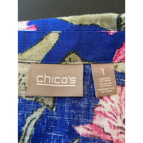 Chicos 1 Tahiti Tropis Linen Jacket Women M Button Front Side Pocket Long Sleeve - Picture 8 of 14